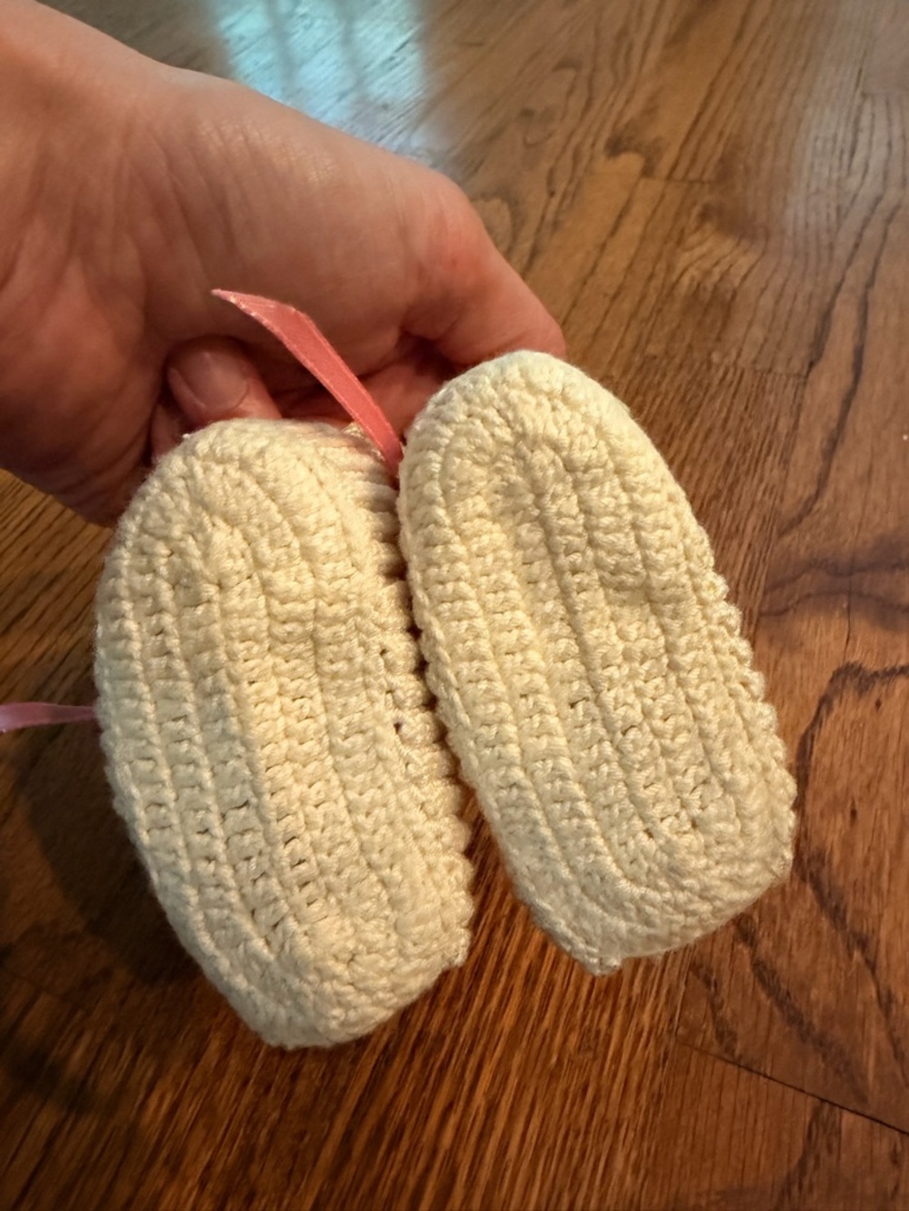 Handmade Cream Baby Booties with Pink Ribbon - Picture 5 of 6